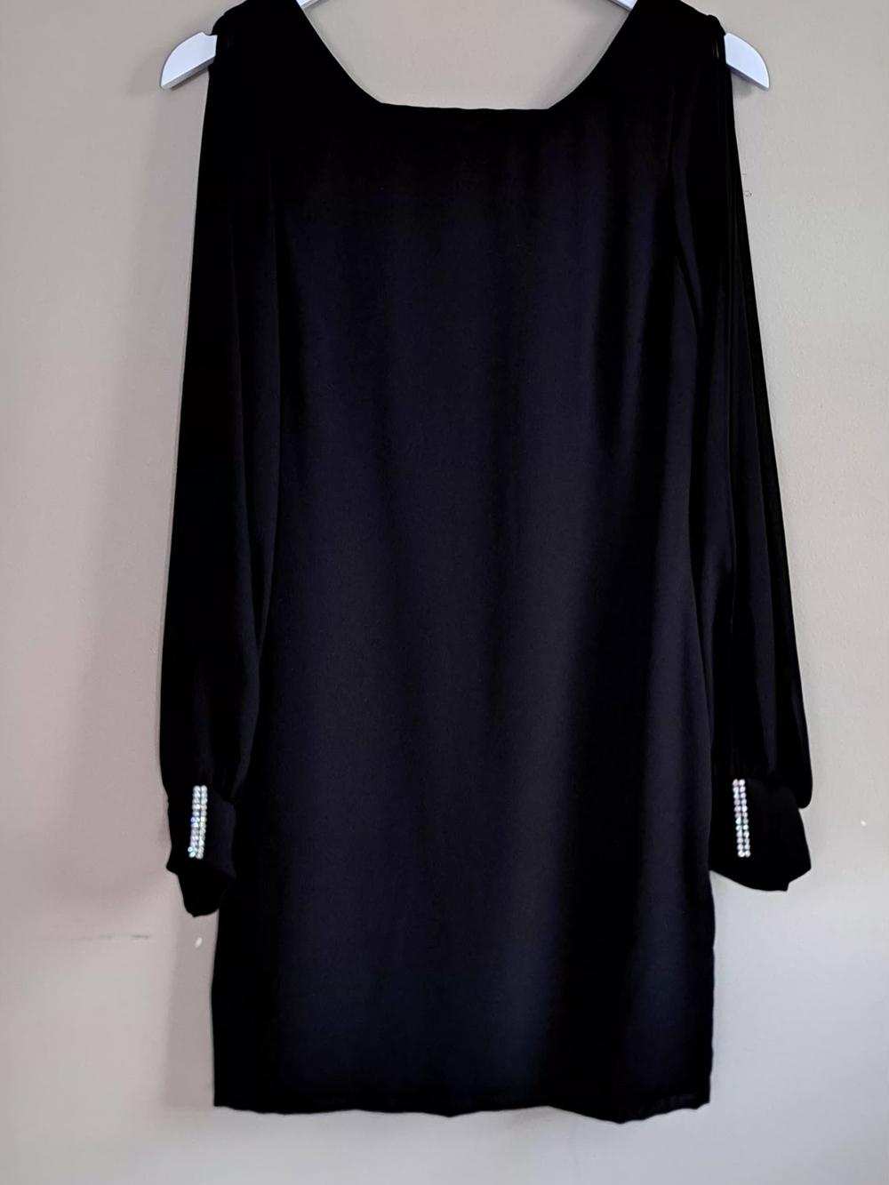 Black Cocktail Dress, Long-Sheer Split Sleeves with Rhinestone Cuffs 90's Y2K